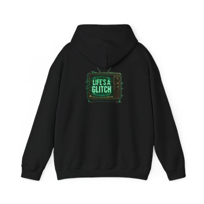 Back of the black Life’s a Glitch hoodie with its green retro TV graphic